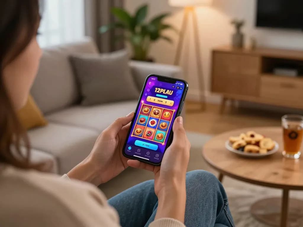Experience เว็บพนัน 12PLAY on mobile with a captivating game display in a cozy home setting.