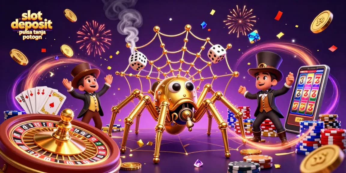Menangkan permainan slot deposit pulsa tanpa potongan dengan desain 3D uang dan karakter menarik.