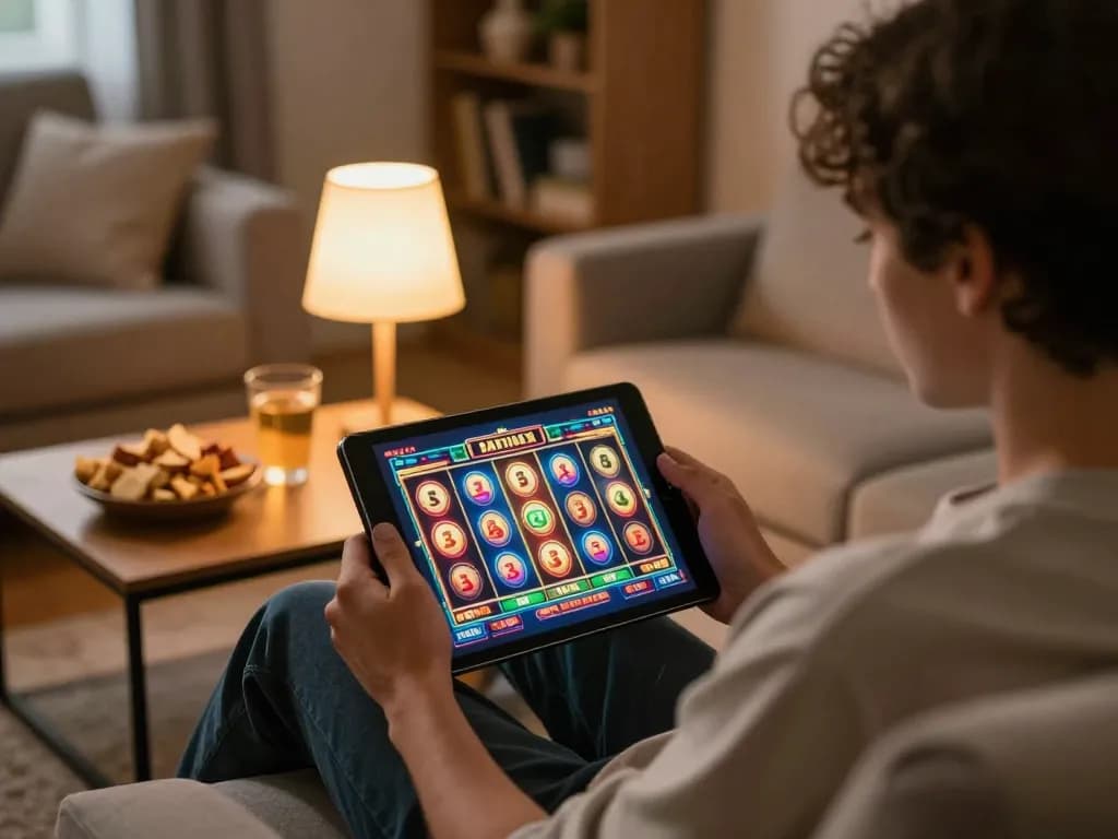 Player enjoying an online slot game on dabet while relaxing at home, illustrating a comfortable gaming experience.