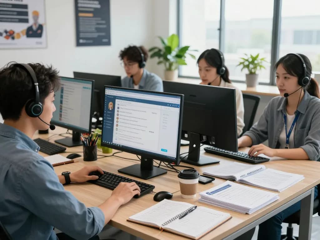 Dedicated customer support agents at CSKH 24/7 hubet88 assisting clients in a modern office.