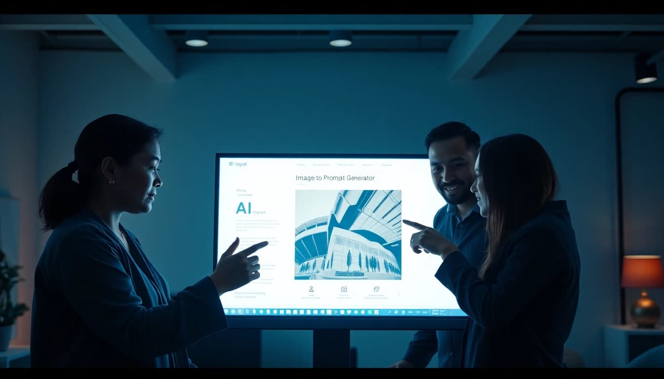 Image to prompt generator interface in a modern office with a diverse team collaborating.