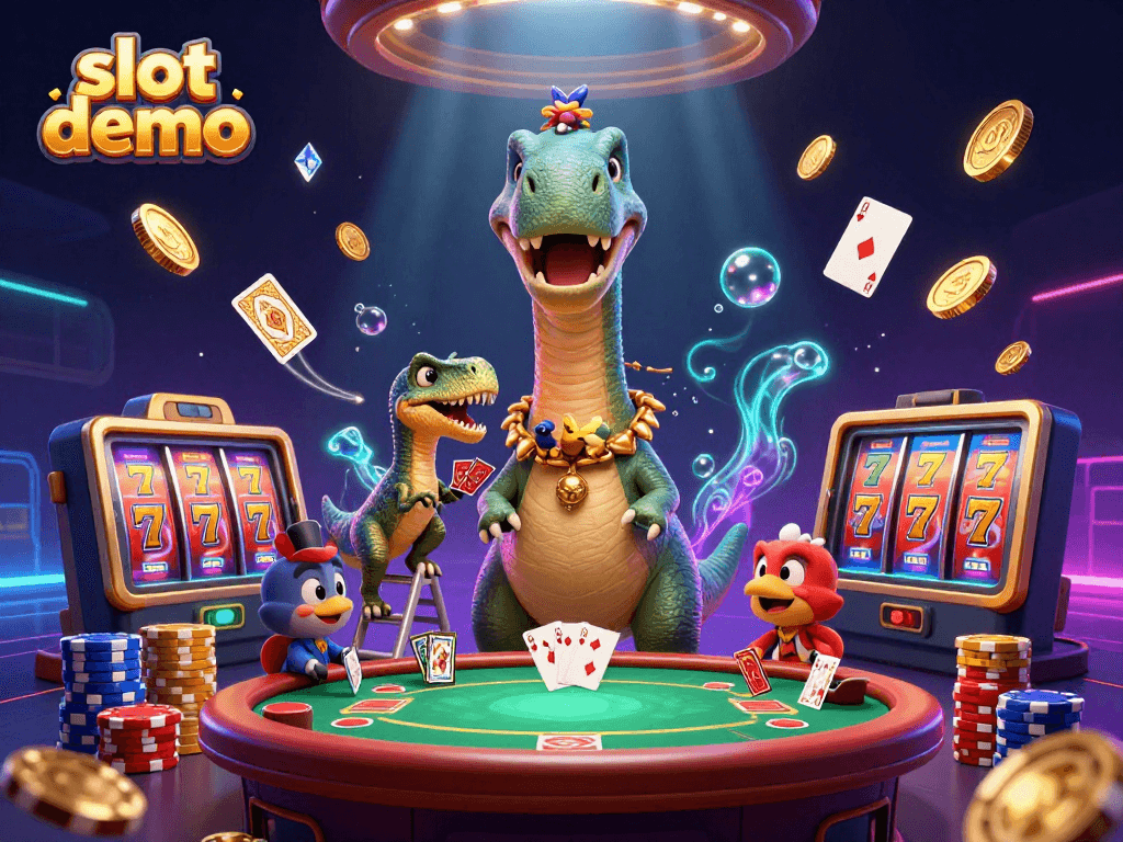 Slot demo dengan brontosaurus dan raptor di kasino, penuh koin emas dan permainan slot.