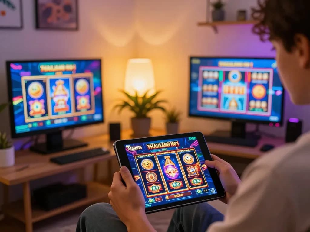 Engaging in thrilling gameplay on the slot server thailand no 1 with vibrant digital displays and cozy home setup.