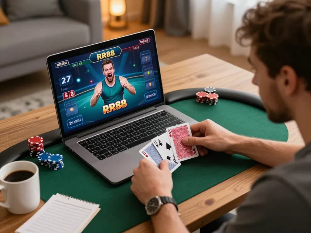Player enjoying dynamic online poker gameplay at RR88co with strategic notes and warm lighting.