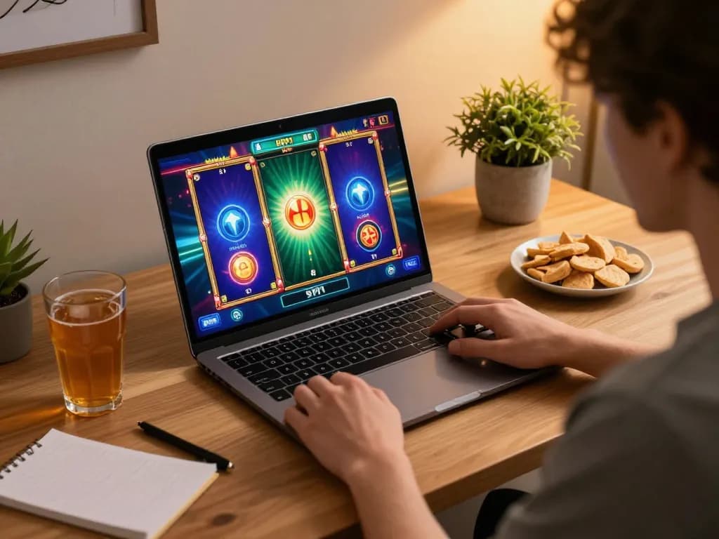 Experience the thrill of situs gacor slot gaming in a cozy home setup with snacks and drinks.