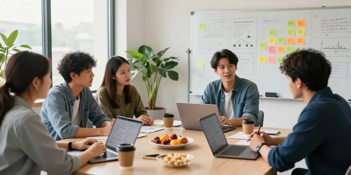 Team discussing business strategies at https://www.startsomethingpc.com with vibrant co-working environment and brainstorming materials.