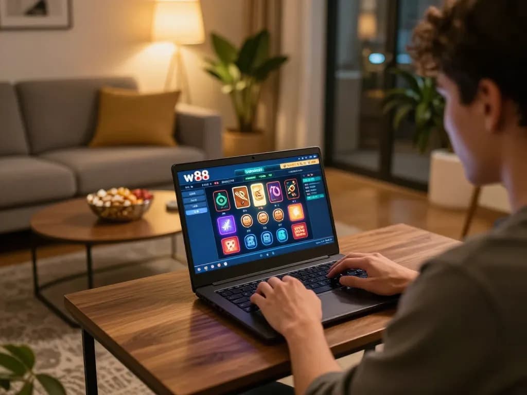 Player using w 88 platform on laptop in cozy home setting, engaging in online casino gaming with snacks and drinks.