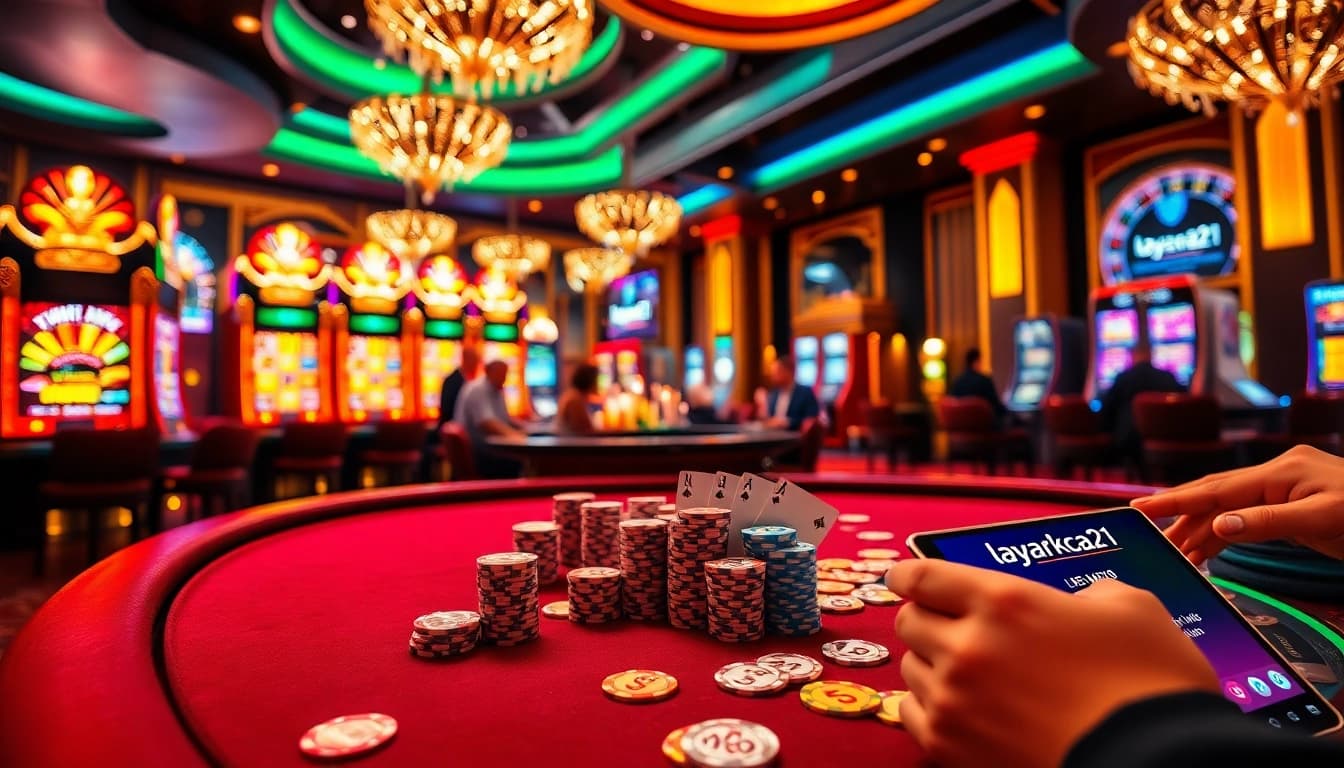 Players enjoying high stakes at a luxurious casino table featuring layarkaca21 elements.