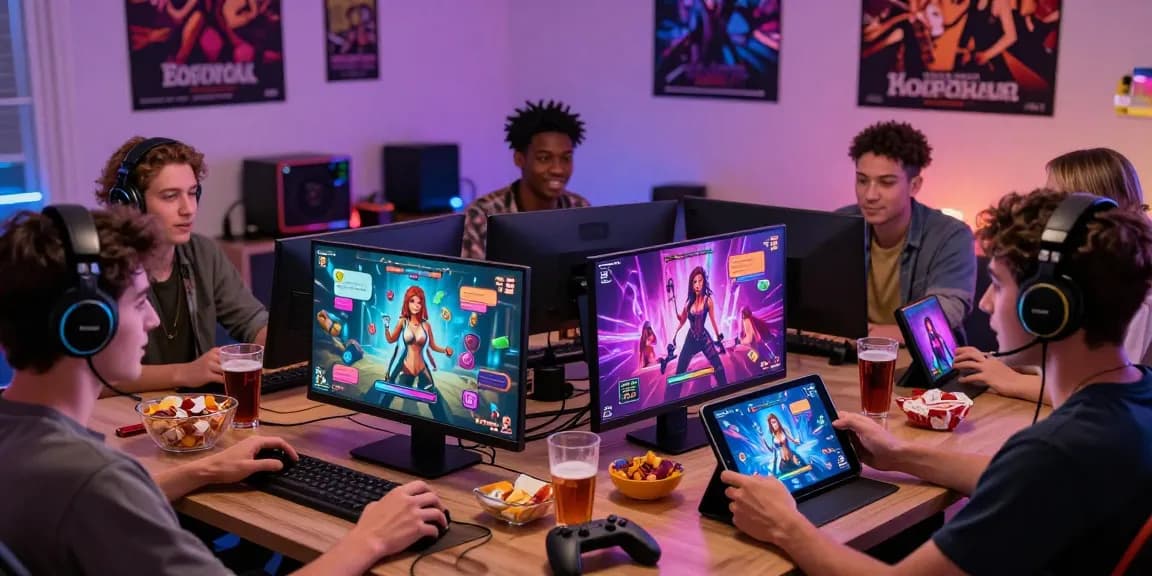 Exciting group of friends enjoying a vibrant sex game online, showcasing interactive gameplay on multiple devices in a cozy living room.