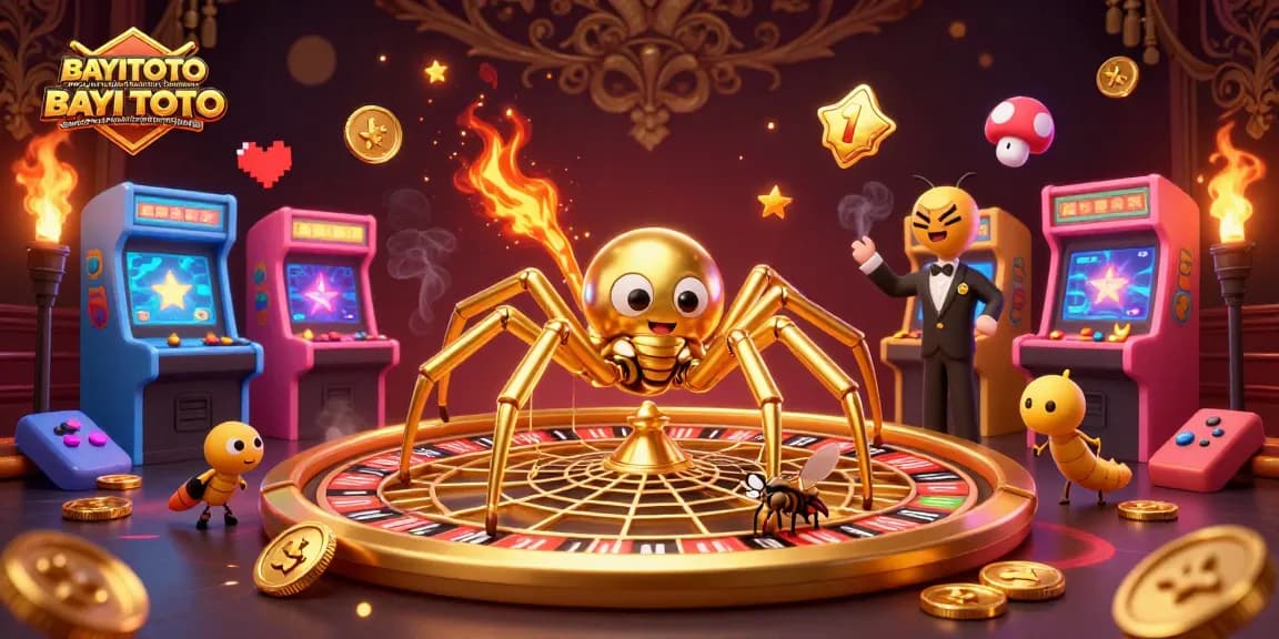 BAYITOTO Platform Togel Online Terpercaya BAYI TOTO dengan Peluang Menang Tinggi engaging scene with 3D spider and gaming elements.