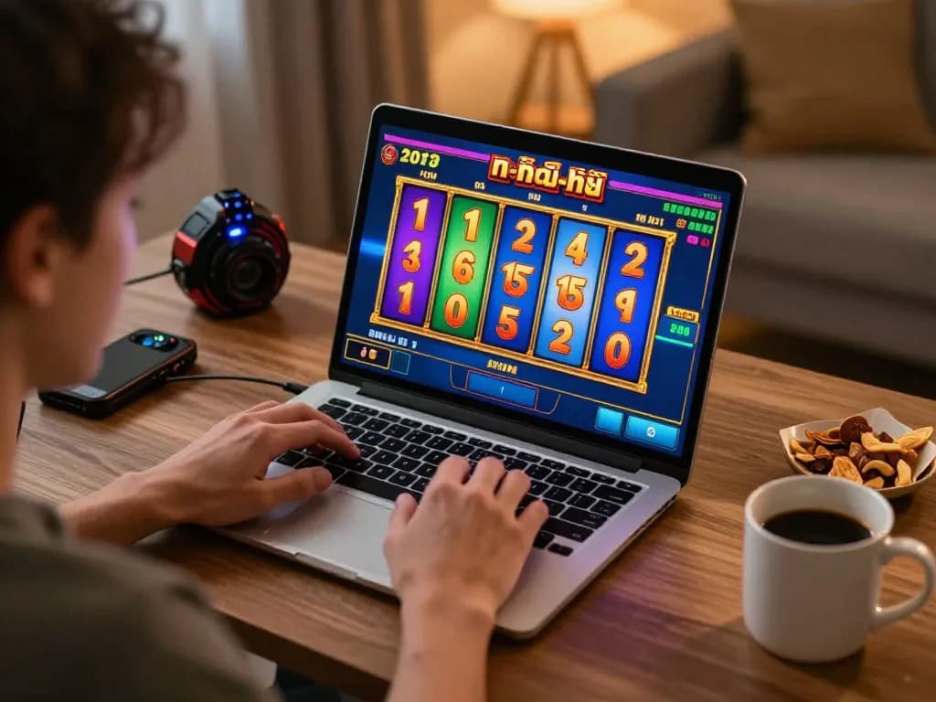 Engaging in nổ hũ gameplay on a laptop in a cozy setting, showcasing the excitement of online slot gaming.