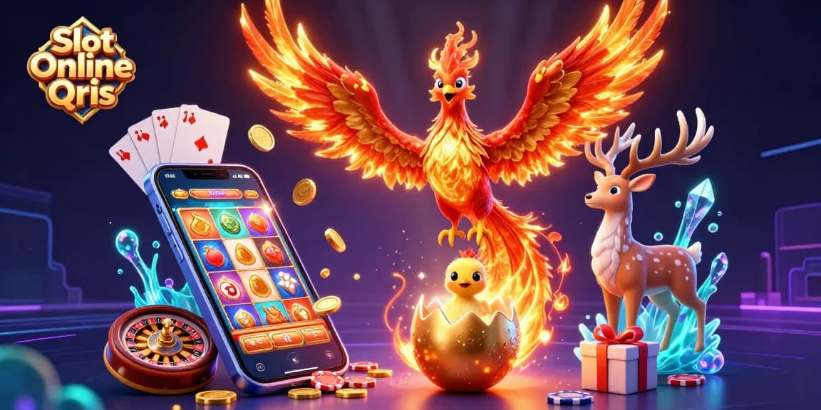 Experience the thrill of Slot Online Qris with golden phoenix imagery and dynamic slot game visuals.