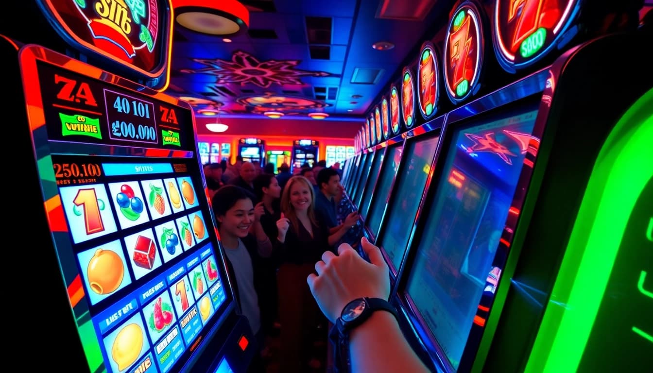 Slot77 menghadirkan pengalaman bermain dengan mesin slot penuh warna dan lampu neon.