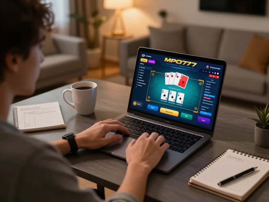 Pengaturan permainan poker online MPO777 dengan seseorang yang merencanakan dan bermain dari rumah, menampilkan laptop dan catatan taruhan.