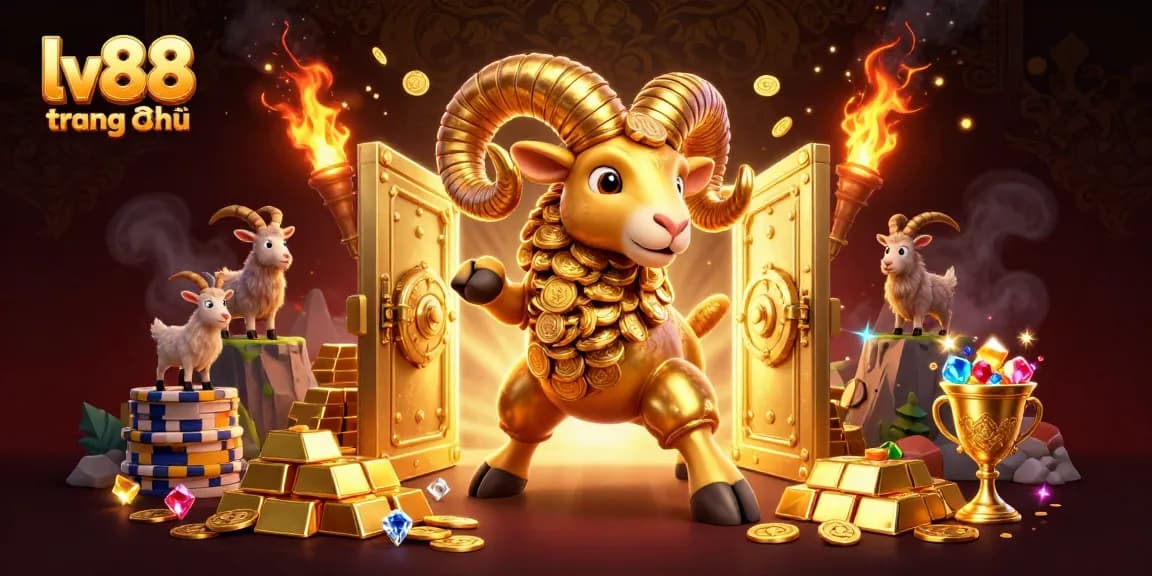 Experience excitement at lv88 trang chủ with a dynamic scene of golden ram charging through riches in an online casino.