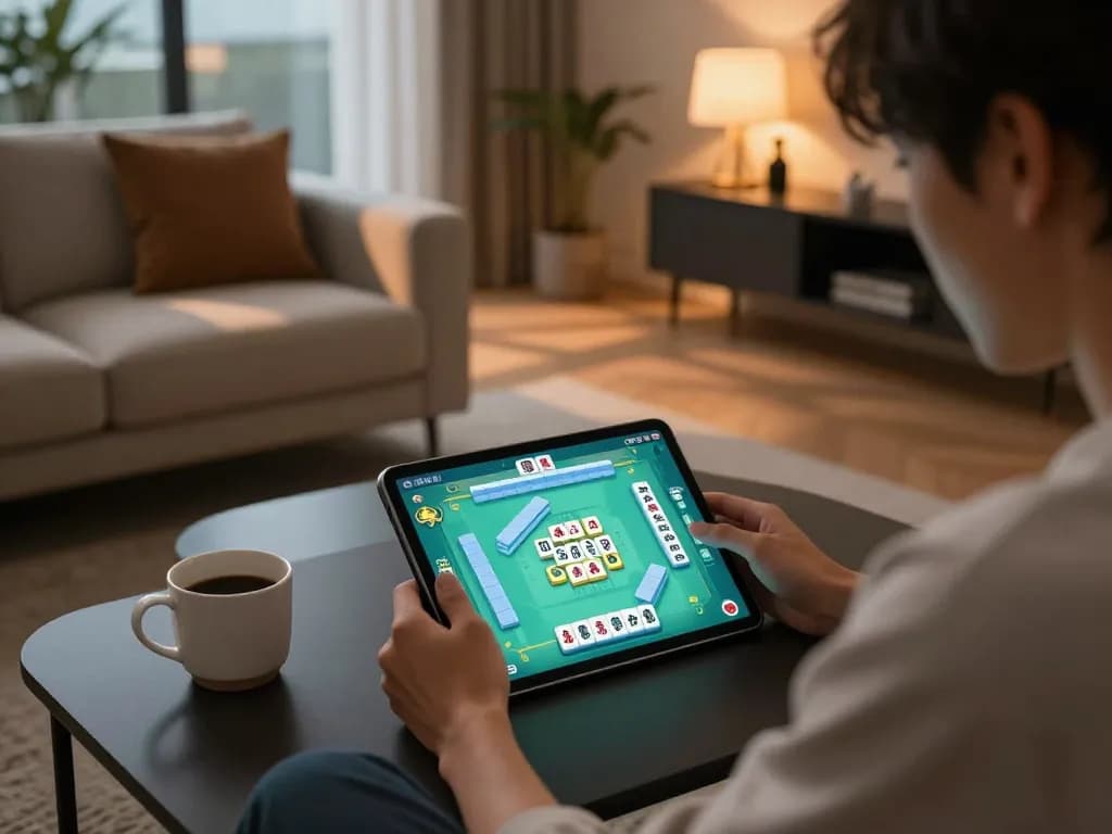 Engaging in Mahjong gameplay on a tablet in a cozy room setting.