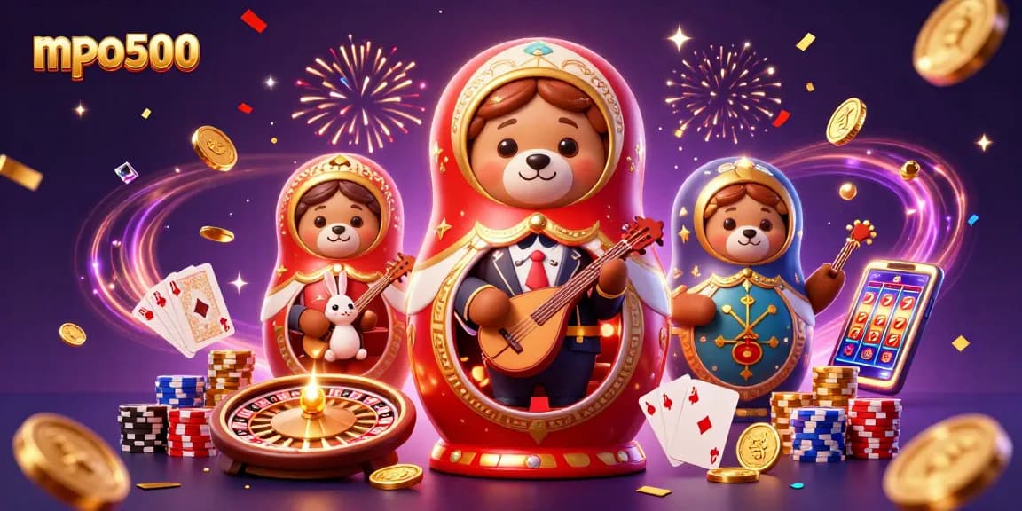 Experience the excitement of mpo500 with a dynamic 3D scene featuring various casino elements and lively characters.