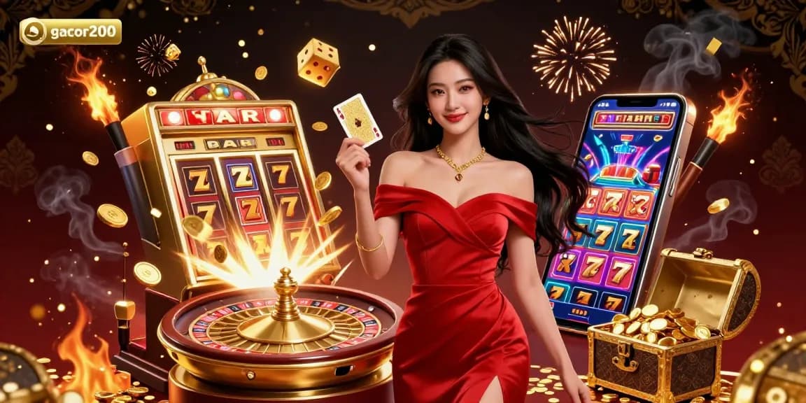 Engage with gacor200's vibrant casino scene featuring a confident woman holding a golden playing card amidst dynamic gaming elements.