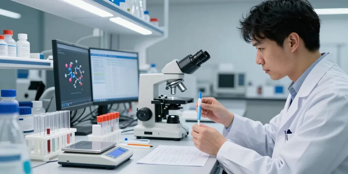 Researcher examining Swiss Chems peptides and SARMs in a modern laboratory, emphasizing purity and scientific rigor.