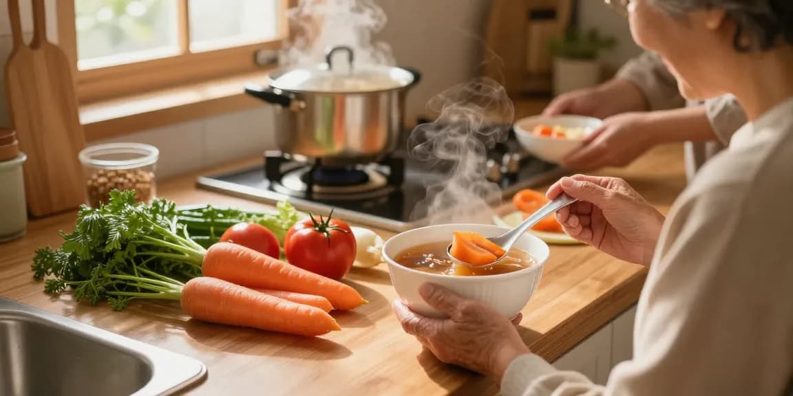 Enjoying 天源素營養湯 in a cozy kitchen with fresh ingredients.