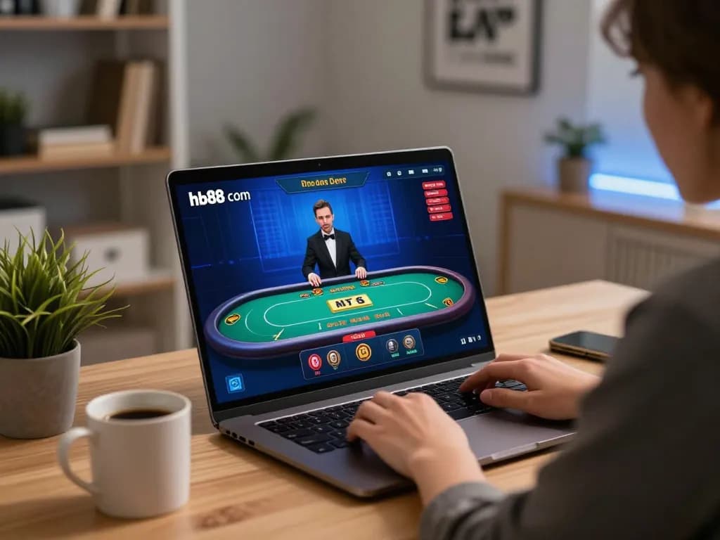 Player engaging with hb88 com online casino in a stylish home gaming setup, with live dealer action visible.