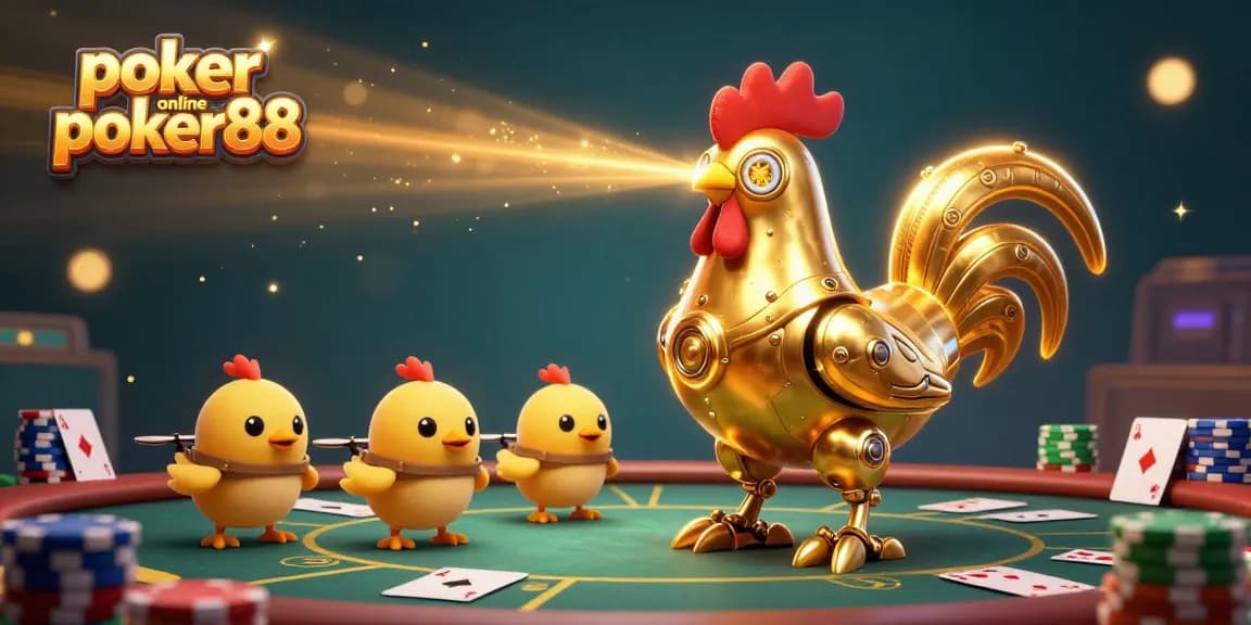 Engage with poker online poker88 through a vibrant, dynamic scene of 3D characters and poker elements.