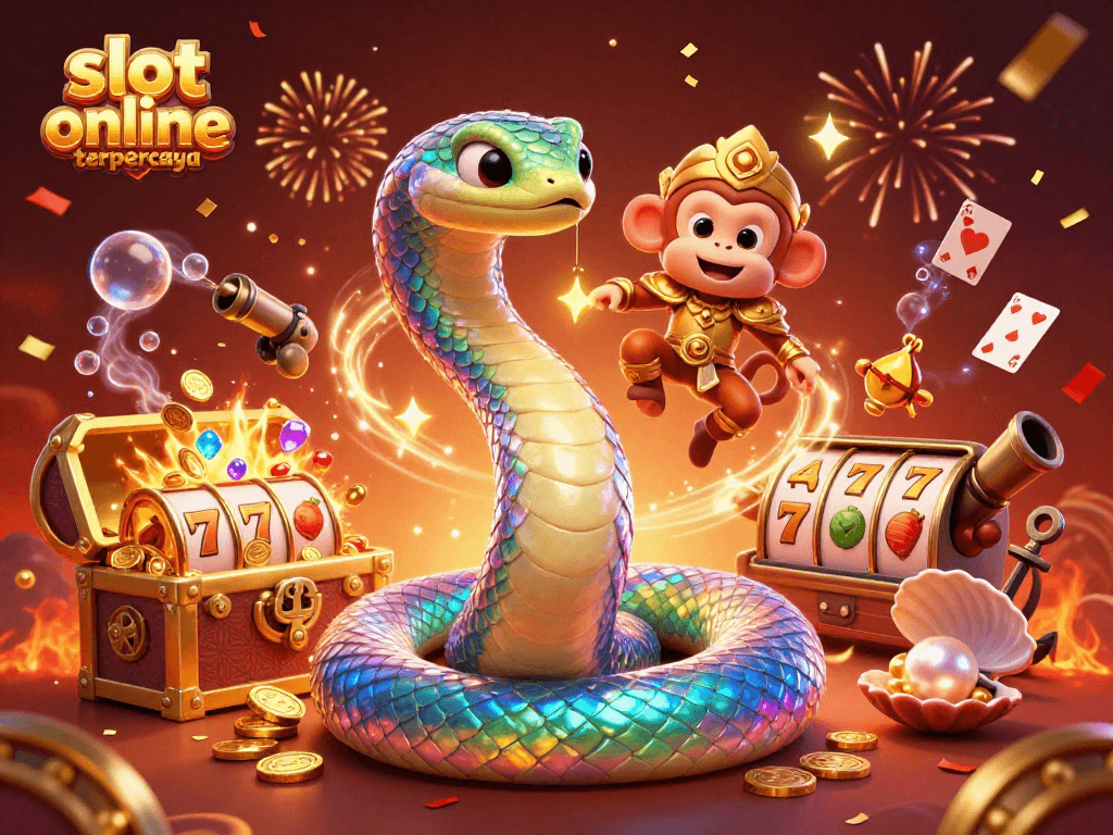 Experience thrilling action with slot online terpercaya, featuring colorful slot reels and lively characters.