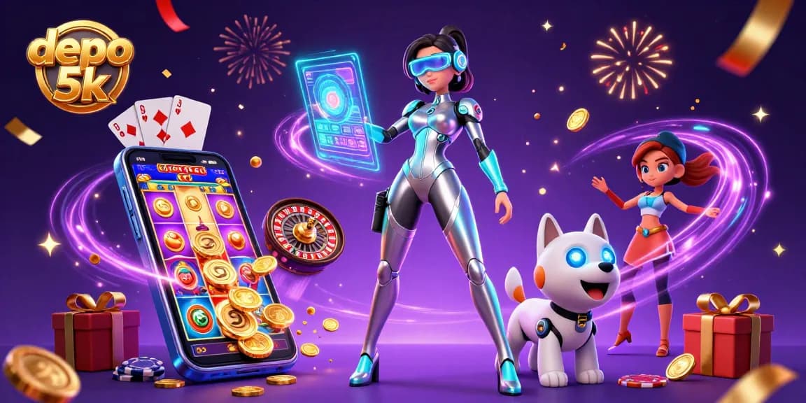 Experience excitement with depo 5k slots as golden coins fly and game elements surround players.