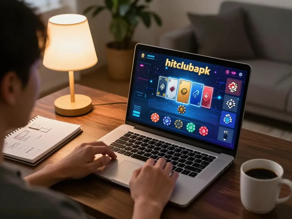 Engaged player using hitclubapk on a laptop at home with strategic gaming notes