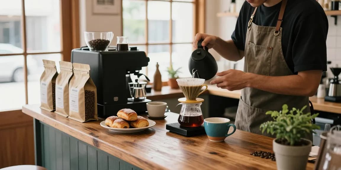 Freshly brewed organic white coffee being prepared in a cozy café setting with pastries and natural light.