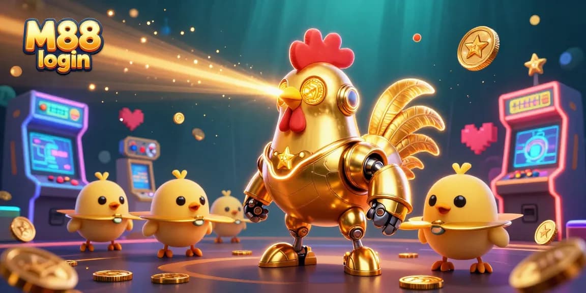 Experience vibrant fun with M88 login featuring a golden rooster robot amidst an exciting casino atmosphere.