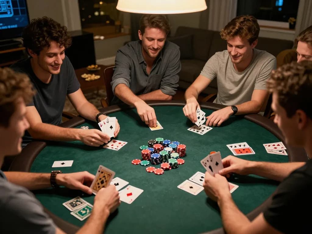 Friends enjoying a lively poker night while discussing ดูหนังใหม่ together, showcasing colorful chips and strategic gameplay.