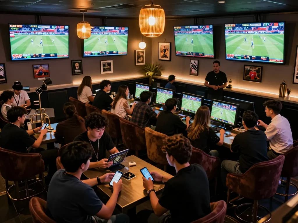 Place bets on exciting sports games at F8 BET's lively lounge with fans engaged in competitive discussions.