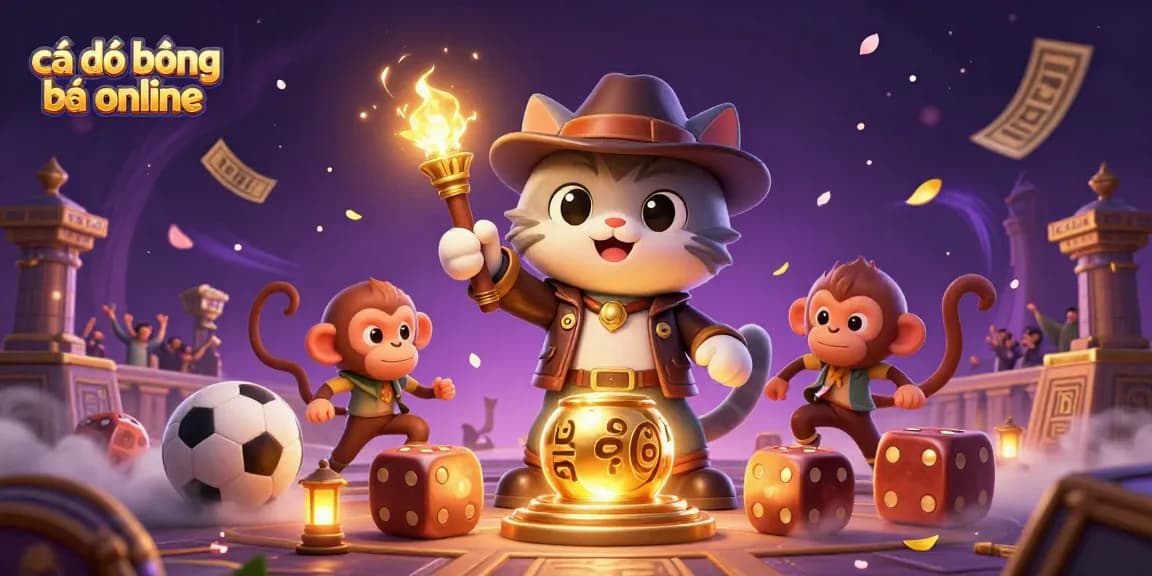 Cá độ bóng đá online scene featuring a cat archaeologist and monkey, sports elements, and vibrant game effects