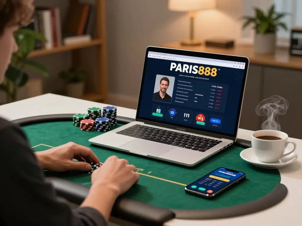 Pemain berinteraksi dengan poker Paris888 di laptop, menekankan permainan strategis dan suasana yang nyaman.