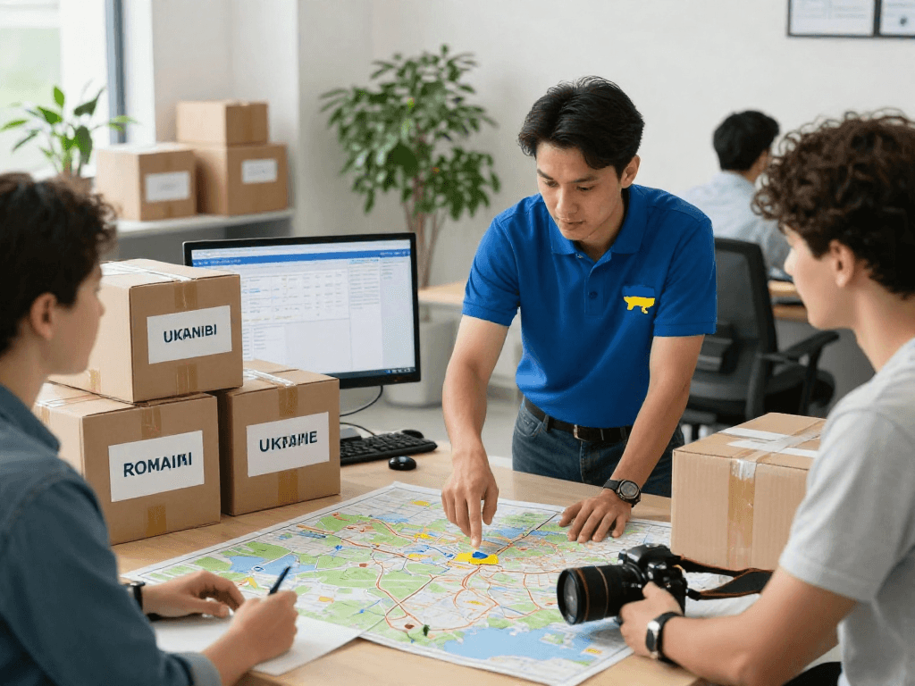 Hilfstransport von Dortmund koordinieren, professioneller Logistikmitarbeiter mit Mappe und Computer im modernen Büro