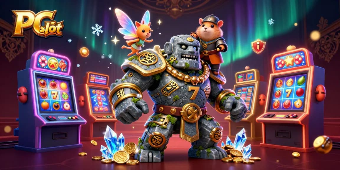 Experience thrilling PG slot action with an enchanted golem and a brave hamster knight in a vibrant casino scene.