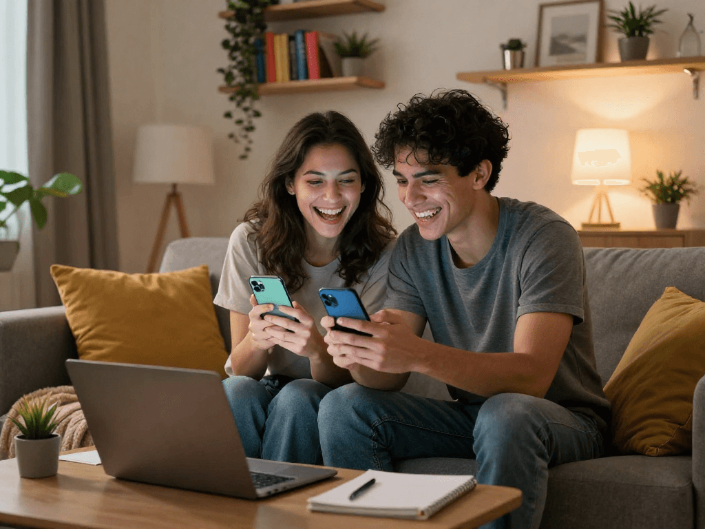 Young couple enjoying sexting AI interactions on their smartphones