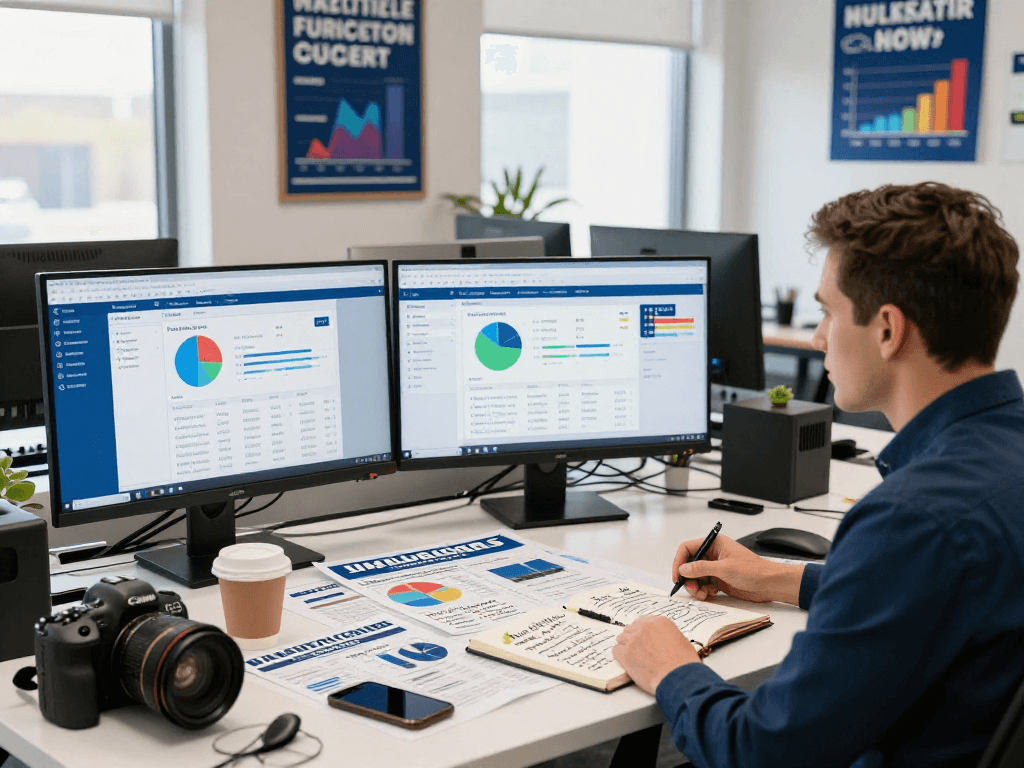 Strategic campaign email fundraising setup in a modern office with voter data reports and analytics.