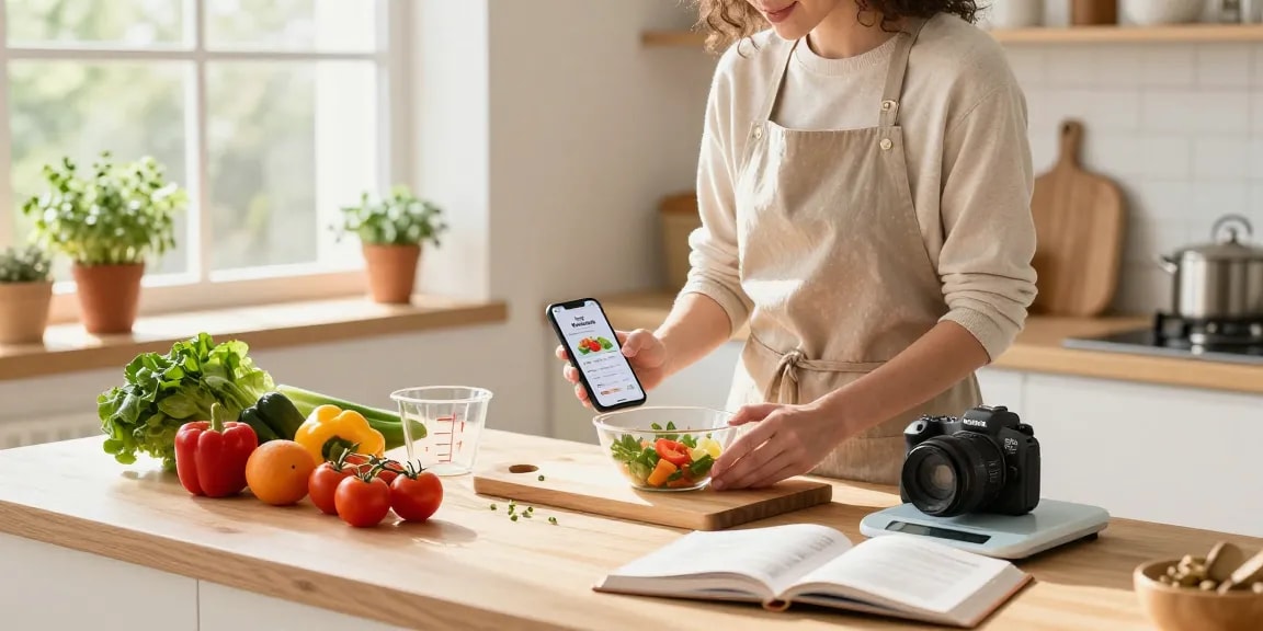 Home cook measuring ingredients in a bright kitchen, using the best nutrition tracking app on a smartphone to prepare a healthy meal.