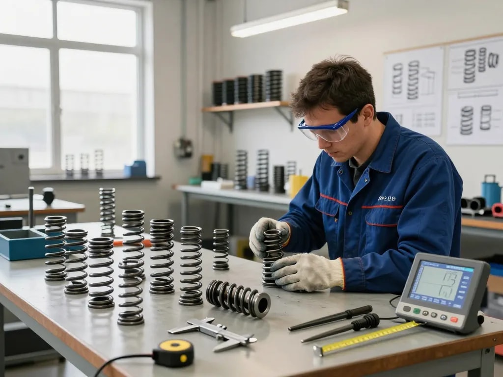 Tehnician inspectând diverse arcuri compresie într-un atelier industrial luminos.