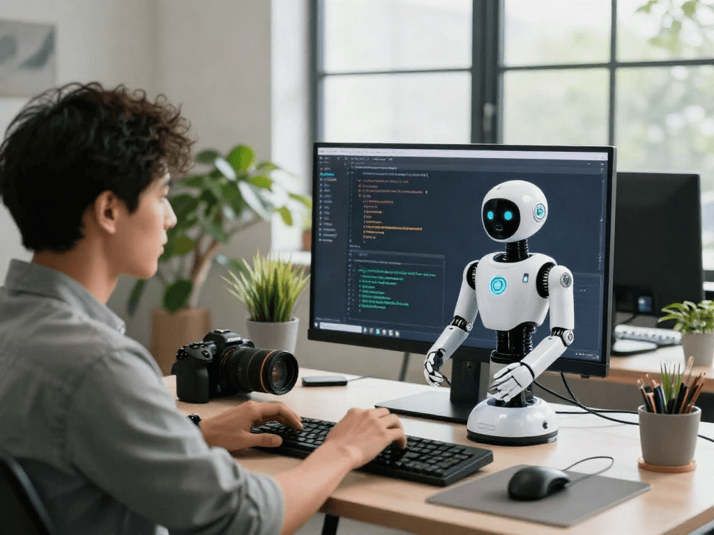 Engaging with a sex bot at a modern tech workstation, showcasing AI integration.
