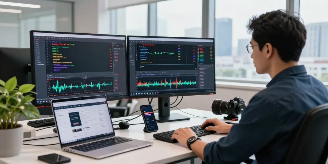 Dynamic trading scene with mt4 displayed on dual monitors and Forex analysis tools in a professional workspace