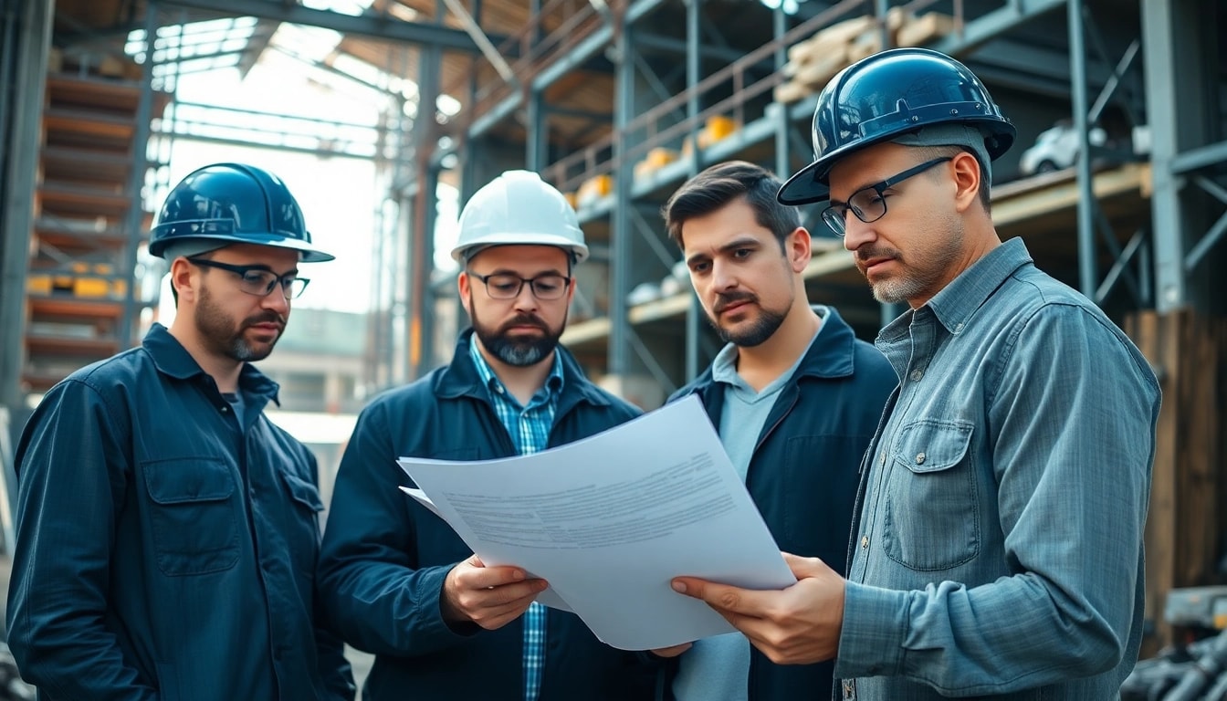 Construction labor compliance review by workers at a construction site, showcasing diligence and teamwork.