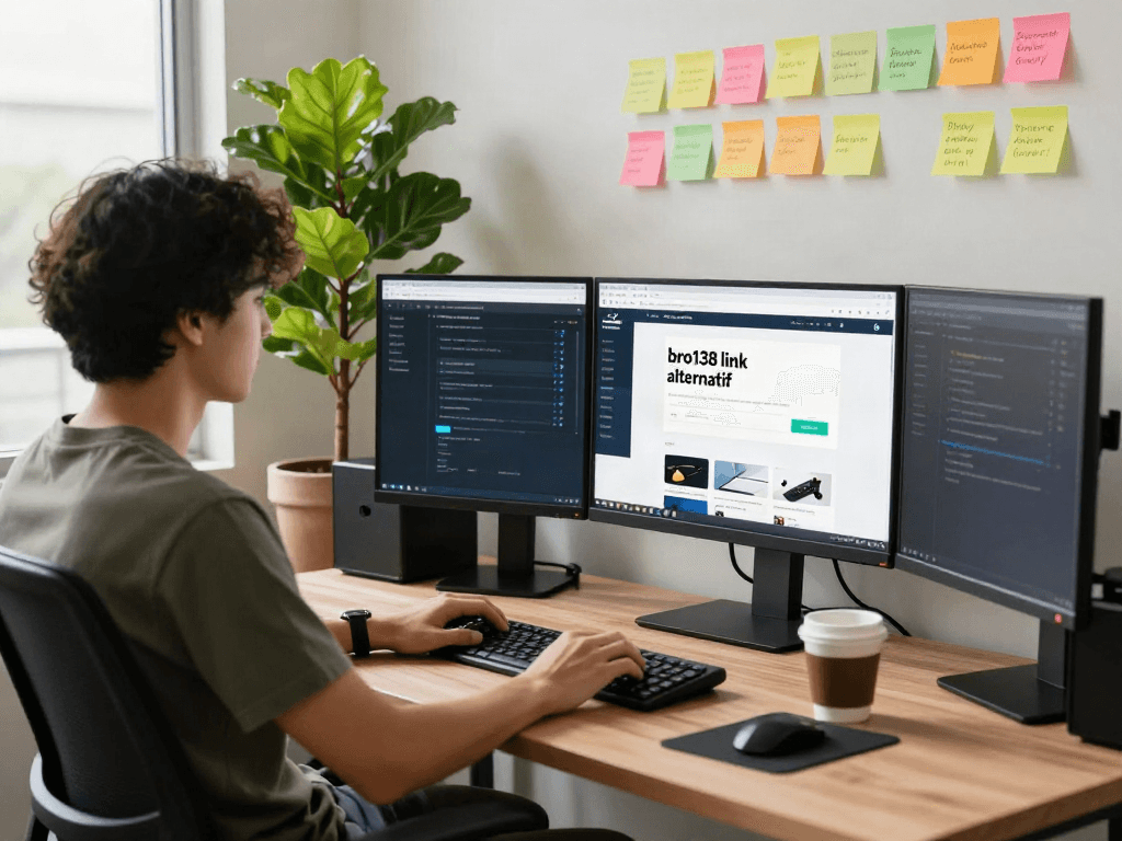 Developer working on bro138 link alternatif website in a modern tech workspace