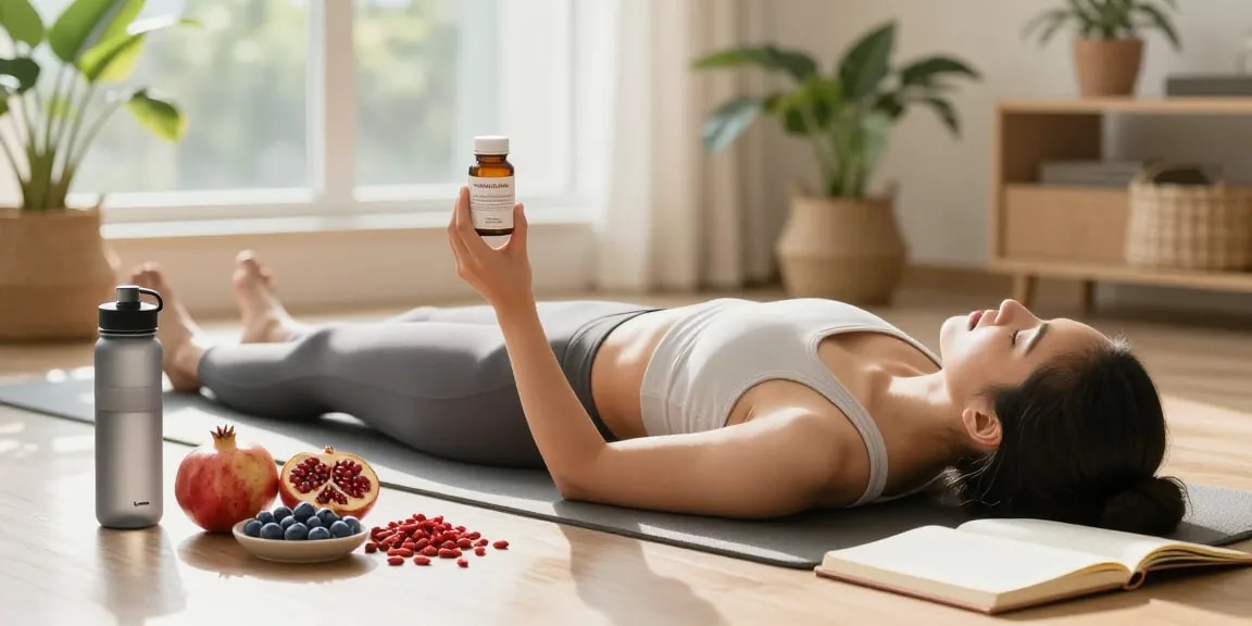 A health-conscious individual enjoying a natural antioxidant supplement in a serene yoga environment with fresh fruits.