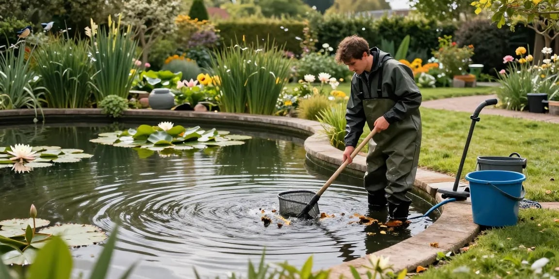 Professional Pond Cleaning Kent service, technician cleaning a serene garden pond amid lush greenery and water lilies.