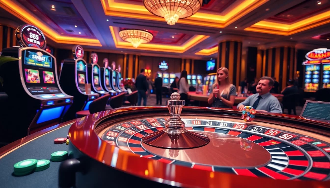 Engaging casino experience with vibrant gaming tables and modern slot machines at Lc88.media