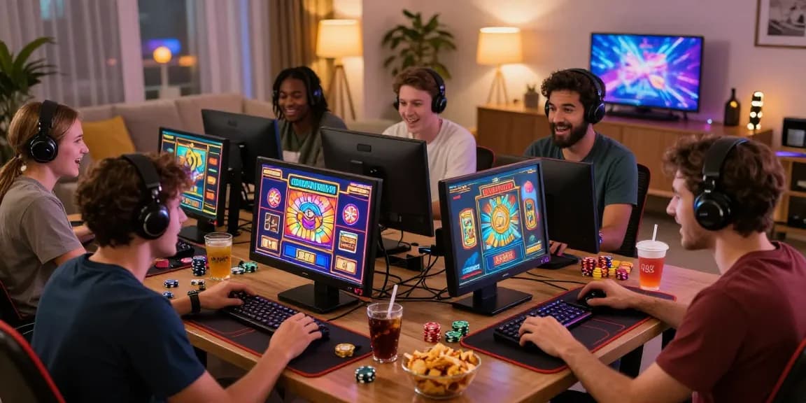 Exciting online gaming scene with players enjoying slot depo 1k games in a lively living room atmosphere.