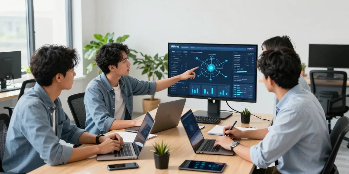 Team discussing small business IT support services in a modern office.